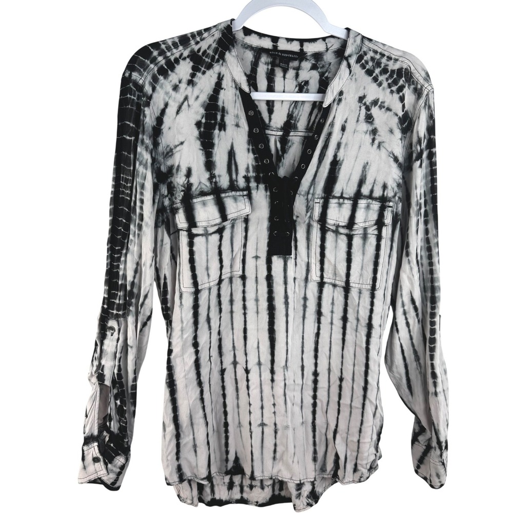 Rock & Republic Womens Large Tie Dye Lace Up Grommet Roll Tab Sleeve Blouse